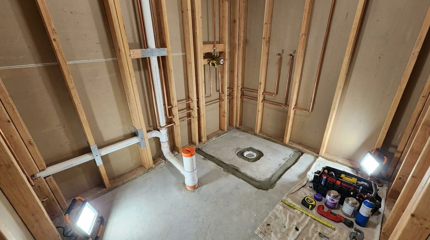 Bathroom rough-in plumbing during remodel by Johns Plumbing LLC in Volga