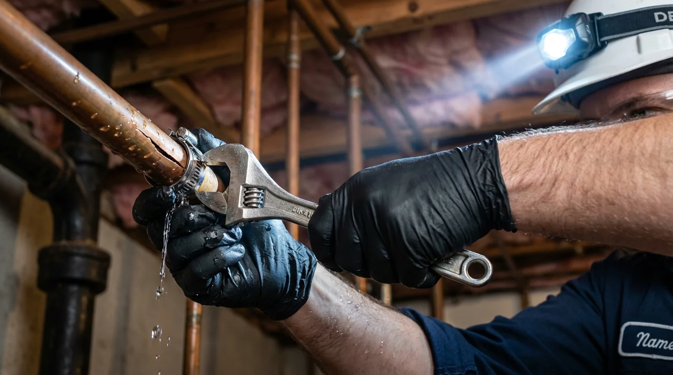 Emergency pipe clamp repair being performed by a Johns Plumbing LLC plumber in Volga