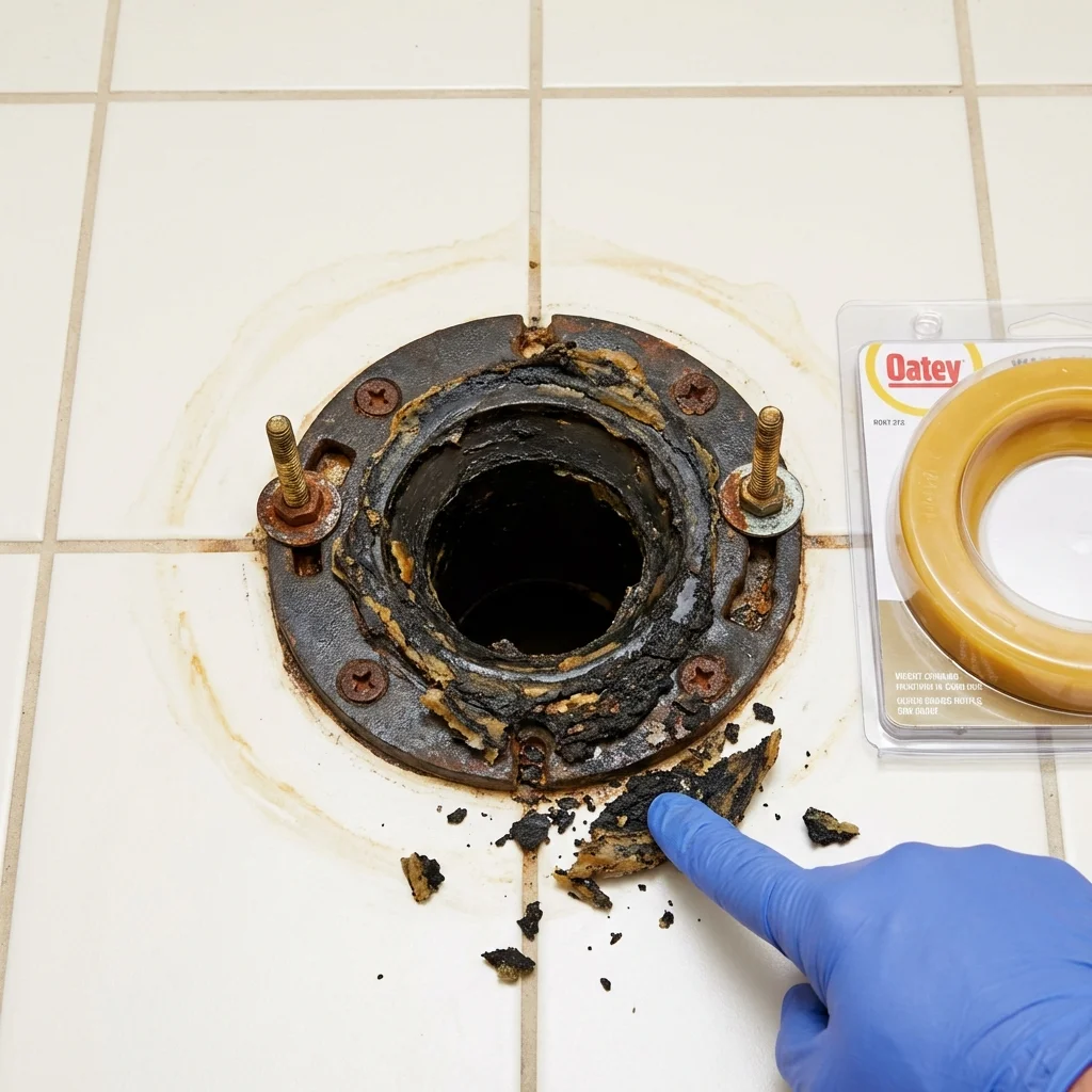 Failed wax ring showing water seepage at the base of a toilet in a Volga, SD home