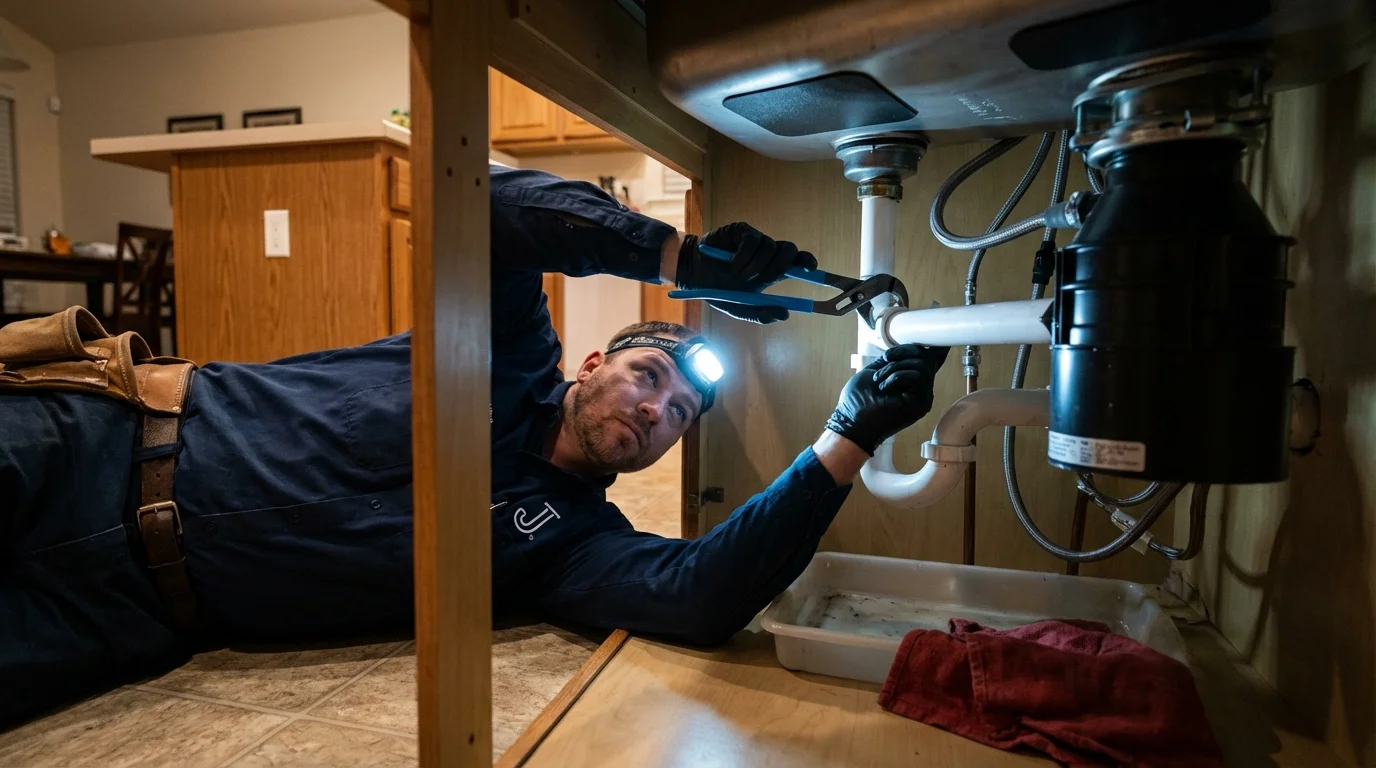 P-trap and supply line connections under a kitchen sink showing a common leak point in Volga, SD